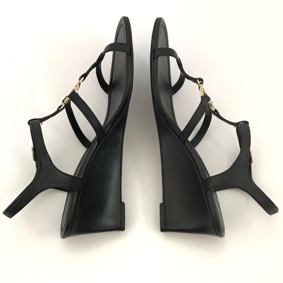 LAUREN RALPH LAUREN Elina Leather Heeled Wedge Sandals Black Women’s Size 9.5 - Picture 11 of 16